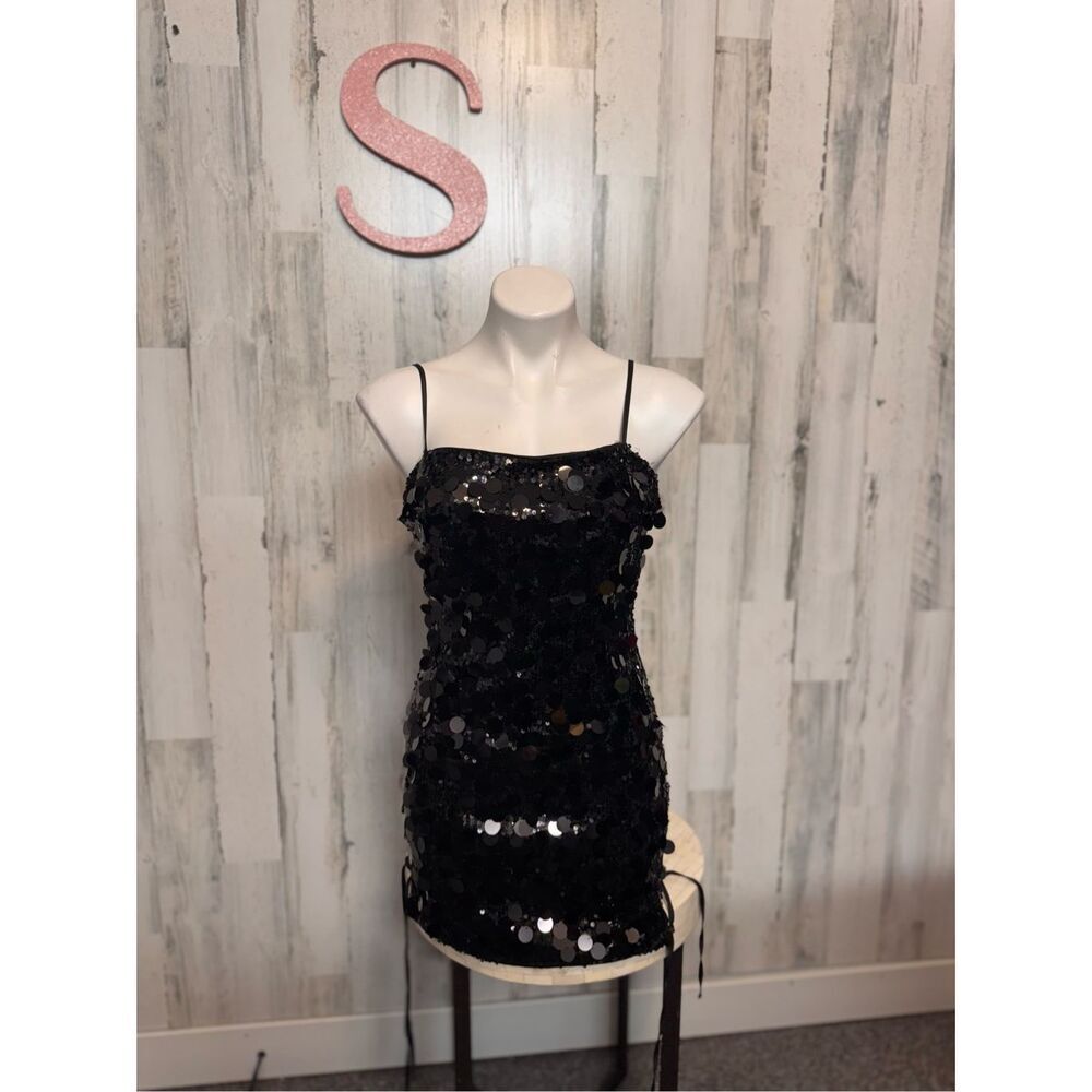 AKIRA Black Sequin Lace Up Mini Dress Womens Size Small S Spaghetti Strap Bodyco
